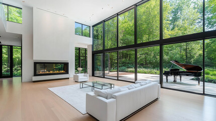 Modern living room with large windows showcasing lush green view, featuring grand piano, minimalist furniture, and cozy fireplace, creating serene atmosphere