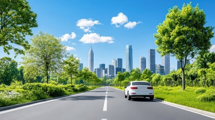 Scenic urban landscape showcasing a road with a car, greenery, and skyscrapers, representing pathways to achieving decarbonization and net-zero goals.