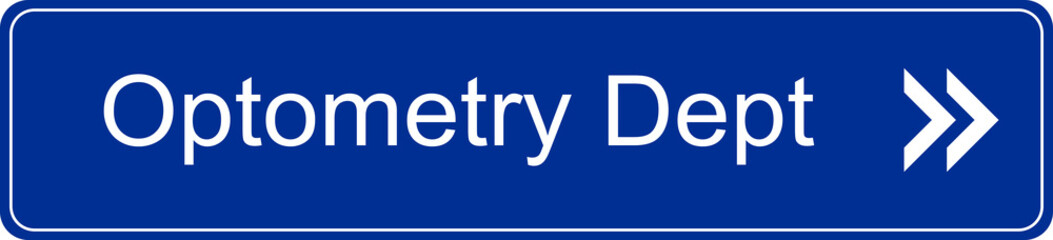 Blue and white transparent PNG file of a direction sign inside a hospital pointing to the optometry department