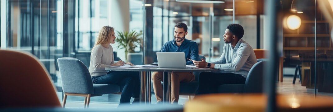 Collaborative Business Meeting in a Modern Workspace for Professionals to Share Ideas and Strategies, Encouraging Creativity and Effective Communication Among Businessmen and Businesswomen