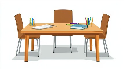 Wooden Table with Three Chairs and School Supplies