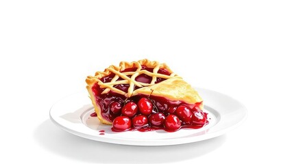 Vibrant, freshly baked cherry pie, surrounded by scattered cherries and a golden crust, isolated on a clean white background with ample copy space