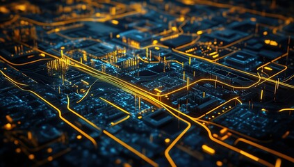 Digital map of the city with glowing lines and holographic images representing buildings