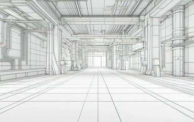 Fototapeta premium A detailed view of an industrial facility's interior featuring extensive piping, structural elements, and a linear perspective at midday