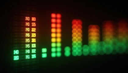 Digital audio spectrum analyzer with illuminated frequency levels in green, yellow and red on a dark background. Concept of sound data visualization