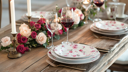 Elegant romantic dinner Valentines Day table setup, mockup rustic wooden table, vintage plates, wine glasses, candles, soft pink roses, warm inviting cottage core boho brunch decor bridal