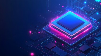Futuristic semiconductor chip with glowing neon blue light effects, floating in a high-tech digital environment, surrounded by circuit board patterns and flowing data streams, sleek and modern design