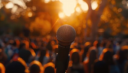 Famous singer male on tour standing singing in concert holding microphone lift up hand fun and happy in hall, night light tage nightclub bar city background, live music with audience crowd people