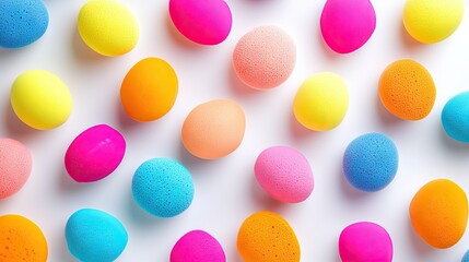 Vibrant makeup sponges in rainbow colors scattered randomly across a light background