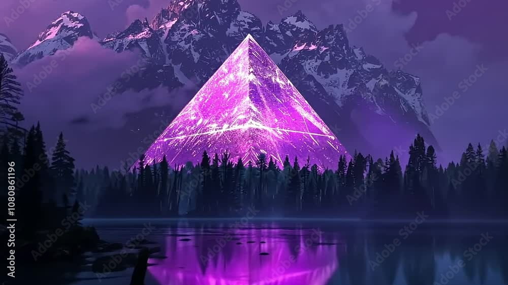 Canvas Prints purple pyramid is in the middle of a forest with a lake in the background. the sky is dark and the m