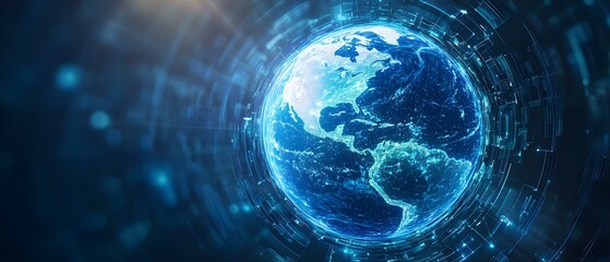 Obraz premium A digitally rendered image of the Earth, showcasing glowing continents and a futuristic, tech-inspired background. Concept Digital Earth Rendering, Glowing Continents, Futuristic Background