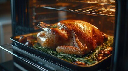 Whole roast turkey cooking in an open oven, with fresh rosemary and thyme sprigs on the tray
