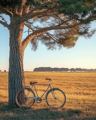 Fototapeta premium Vintage Bicycle Under Tree in Countryside Vintage Bicycle Under Tree with Golden Sunset Peaceful Vintage Bicycle Under Tree Landscape, Bicycle under a majestic tree in nature.