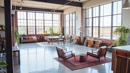 Fototapeta premium Modern Loft Interior with Large Windows and Exposed Brick Wall
