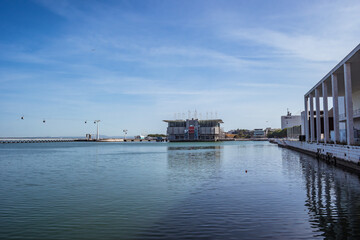 Tejo river with the Oceanarium in the background at Parque das Nações, Lisbon PORTUGAL