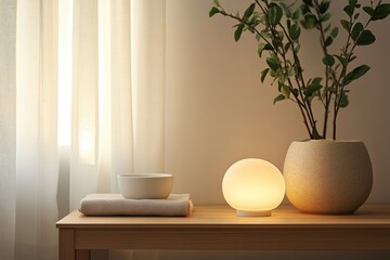 A white bowl, a lamp, and a potted plant on a wooden table