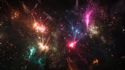 Wide shot of multiple fireworks launching and exploding in various colors across the night sky