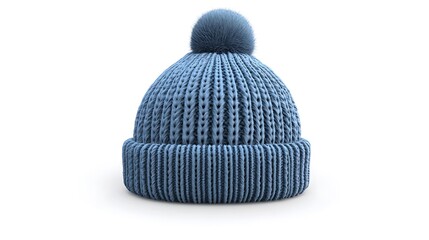 Blue Knit Beanie with Pom Pom