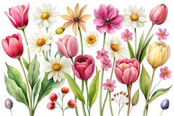 Obraz premium Vibrant Floral Collection Featuring Diverse Spring Flowers in a Colorful Silhouette Design on a Transparent Background for Creative Projects