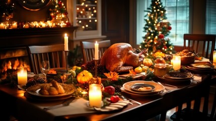 Festive Thanksgiving dinner table with turkey and holiday decorations