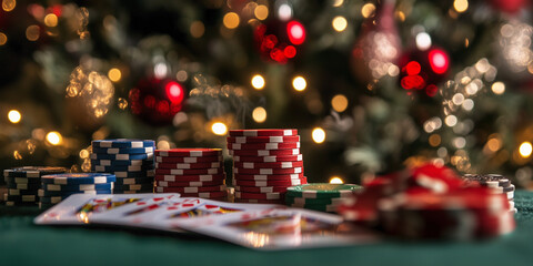Poker chips and cards with a Christmas tree in the background. Christmas in the company, gambling, holiday banner