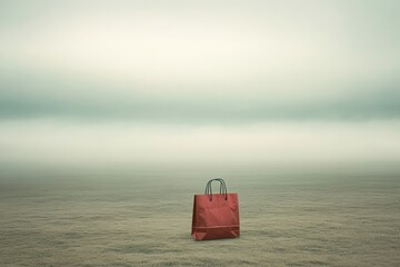 A Red Shopping Bag Sitting Alone in a Foggy Field
