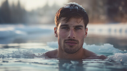 Fototapeta premium Young man submerged in ice-cold water, serene expression.