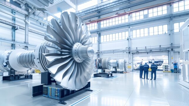 In a state-of-the-art workshop, engineers examine a massive jet engine, highlighting progress in aerospace engineering and showcasing teamwork in action