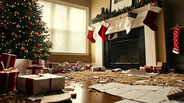 A living room with a sparkling Christmas tree and stockings on the mantle is littered with wrapping paper and opened gifts, capturing the excitement and mess of post-Christmas cele