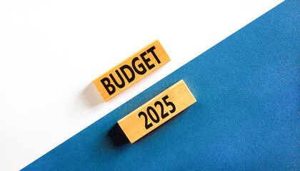 Planning budget 2025 new year symbol. Concept words Budget 2025 on beautiful wooden blocks. Beautiful white and blue background. Business budget 2025 new year concept. Copy space.