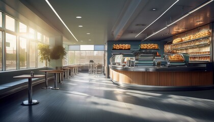 Fototapeta premium An interior photo of a fast food restaurant counter is in the middle of the screen.