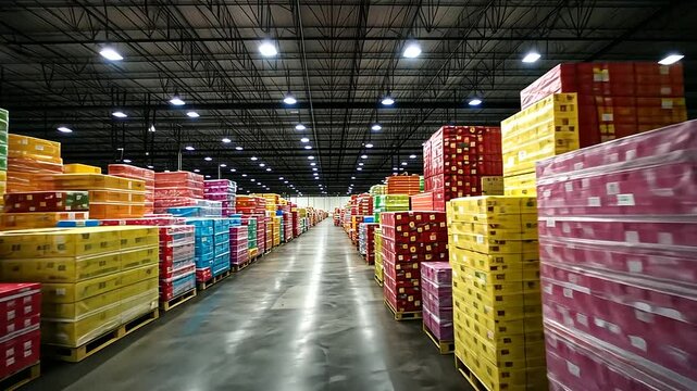 A warehouse filled with towering piles of brightly wrapped gifts in every color of the holiday season, symbolizing the endless joy and generosity of the Christmas spirit.