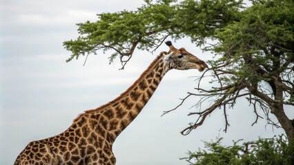 Obraz premium A giraffe's long neck reaching for leaves on a tall tree, outdoors, trees, wildlife