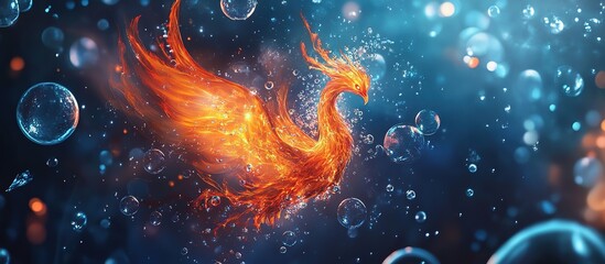 A fiery phoenix emerging amidst bubbles in a mystical setting.