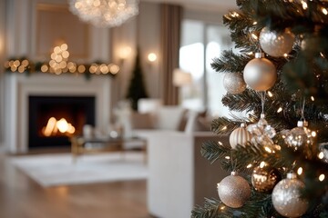 A beautifully adorned Christmas tree with golden and silver ornaments stands beside a warmly lit fireplace, creating a cozy and festive atmosphere in a luxurious room.