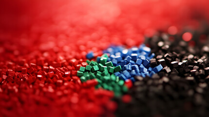 Obraz premium Red, black and green Plastic pellets Background Close-up Plastic granules Polymer plastic beads resin polymer