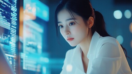 Naklejka premium Young Woman Focused on Reviewing Business Data on Laptop in a Modern Workspace, Analyzing Information with Professional Digital Tools and Technology