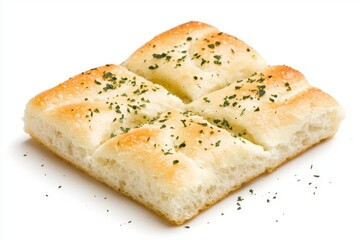 Freshly Baked Artisan Focaccia Bread Slice with Olive Oil Drizzle and Herbs on White Background Perfect for Italian Cuisine and Culinary Displays