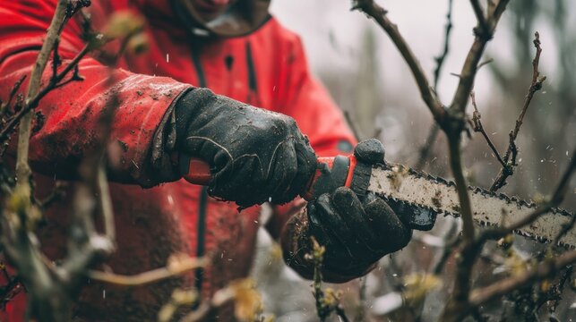 Man Pruning Branches with a Chainsaw