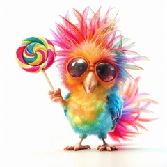 Fototapeta premium A vibrant parrot enjoys a colorful lollipop while sporting funky shades and wild feathers