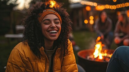 Obraz premium Young woman with headband and casual outfit, laughing and talking with friends around a fire pit on a chilly evening