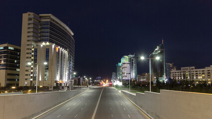 Fototapeta premium Night city traffic Kunaev Avenue timelapse hyperlapse. Astana, Kazakhstan