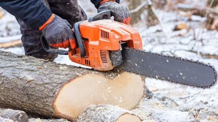Man Cutting Log with Chainsaw in Winter