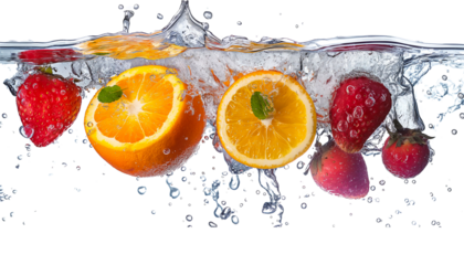 Set of Fruit in the water with a splash isolated on white or transparent background, cutout PNG
