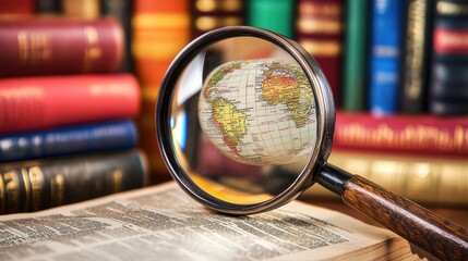 Magnifying glass focusing on a page in a foreign language dictionary, with other books around