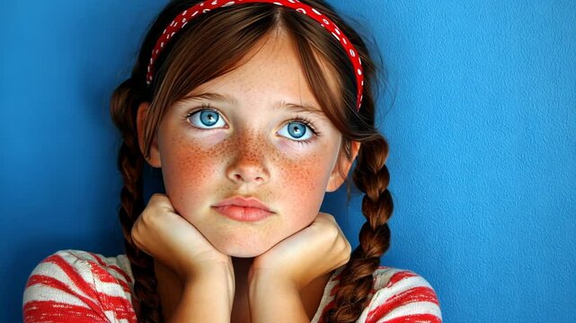 A young girl with freckles and blue eyes rests her chin on her hands, looking thoughtfully off to the side