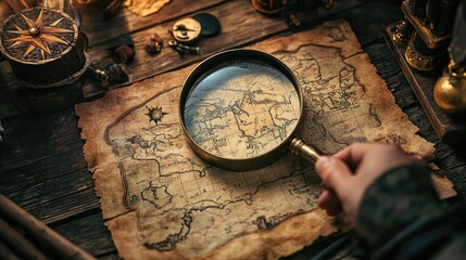 Magnifying glass highlighting a specific detail on a treasure map, with pirate-themed props around