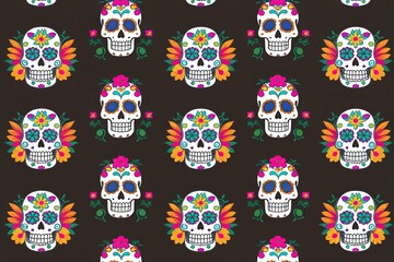 Dia de los Muertos Festival Wallpaper featuring Vibrant Sugar Skull and Floral Art on Dark Background
