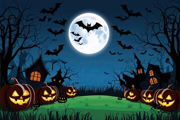 Fototapeta premium Haunted Halloween Forest at Night with Bats and Full Moon