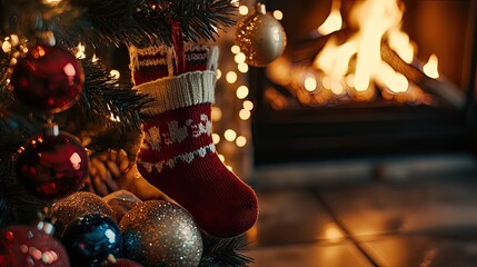 Red Christmas Stocking Hanging on a Christmas Tree with Ornaments in Front of a Fireplace
